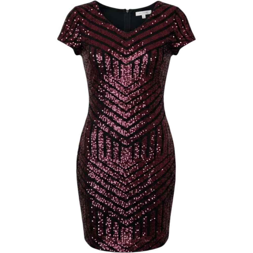 Dress the Population Sequin Geometric Chevron Cap Sleeve Mini Dress Burgundy S
